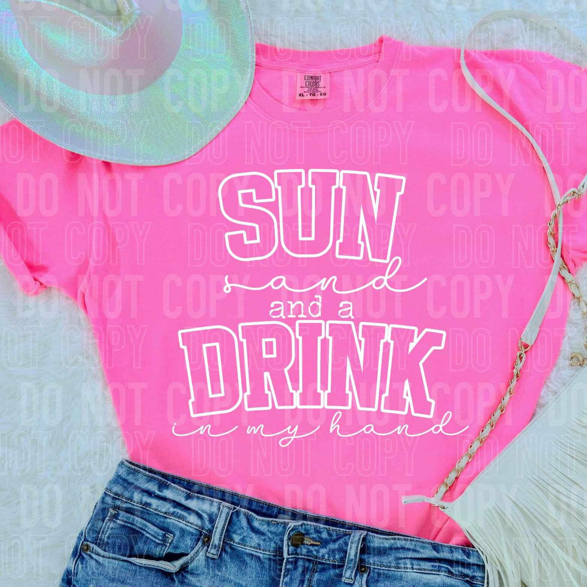 Sun sand and a drink in my hand WHITE 26051 DTF transfer