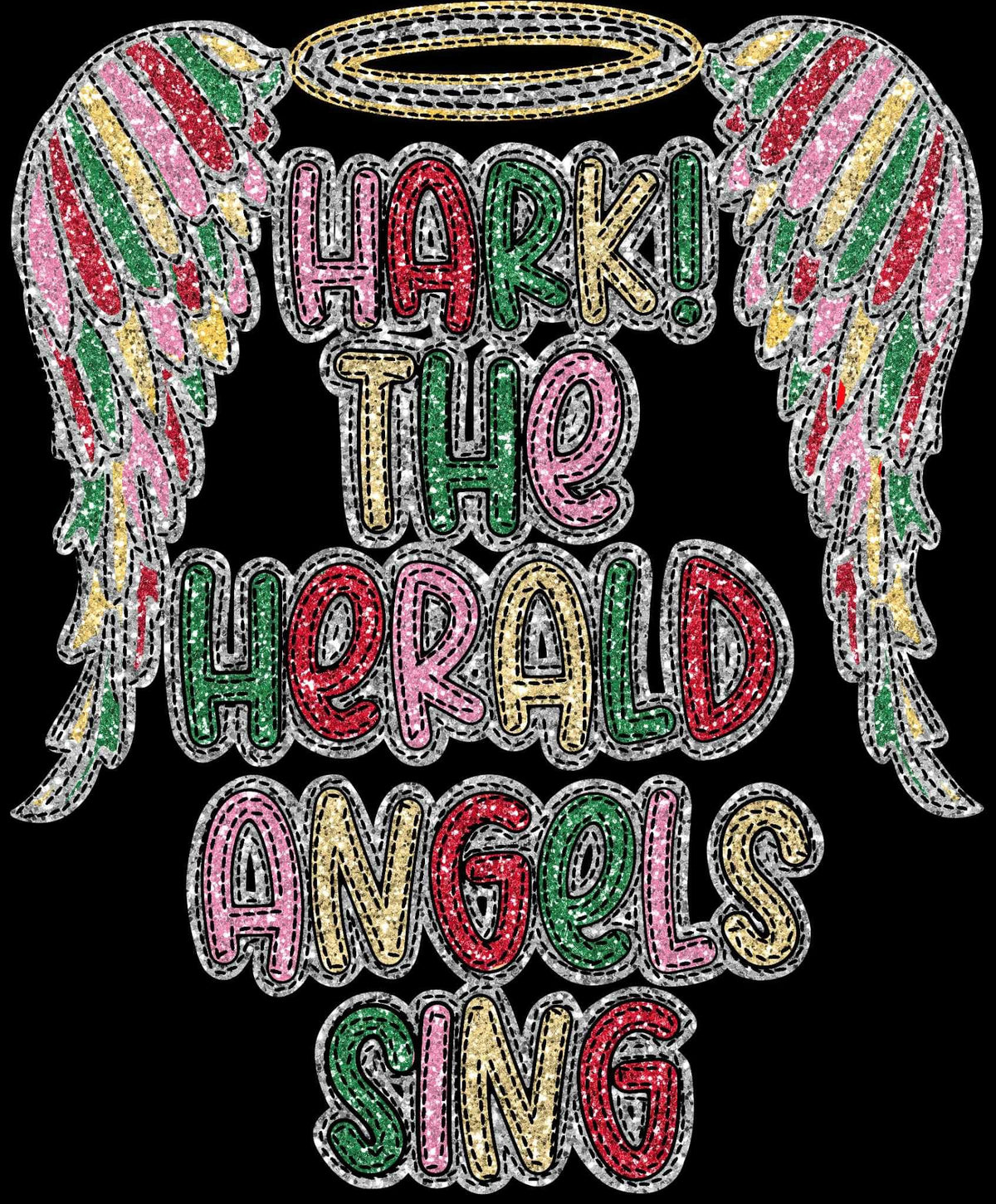Hark the herald angels sing (sequin rainbow font and angel wings) 16109 DTF Transfer