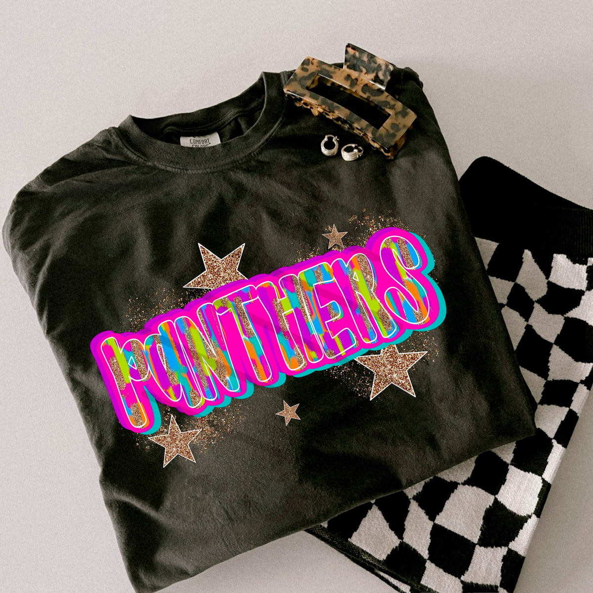 Panthers Rainbow Mascot glitter gold stars scarlow 110393 DTF transfer