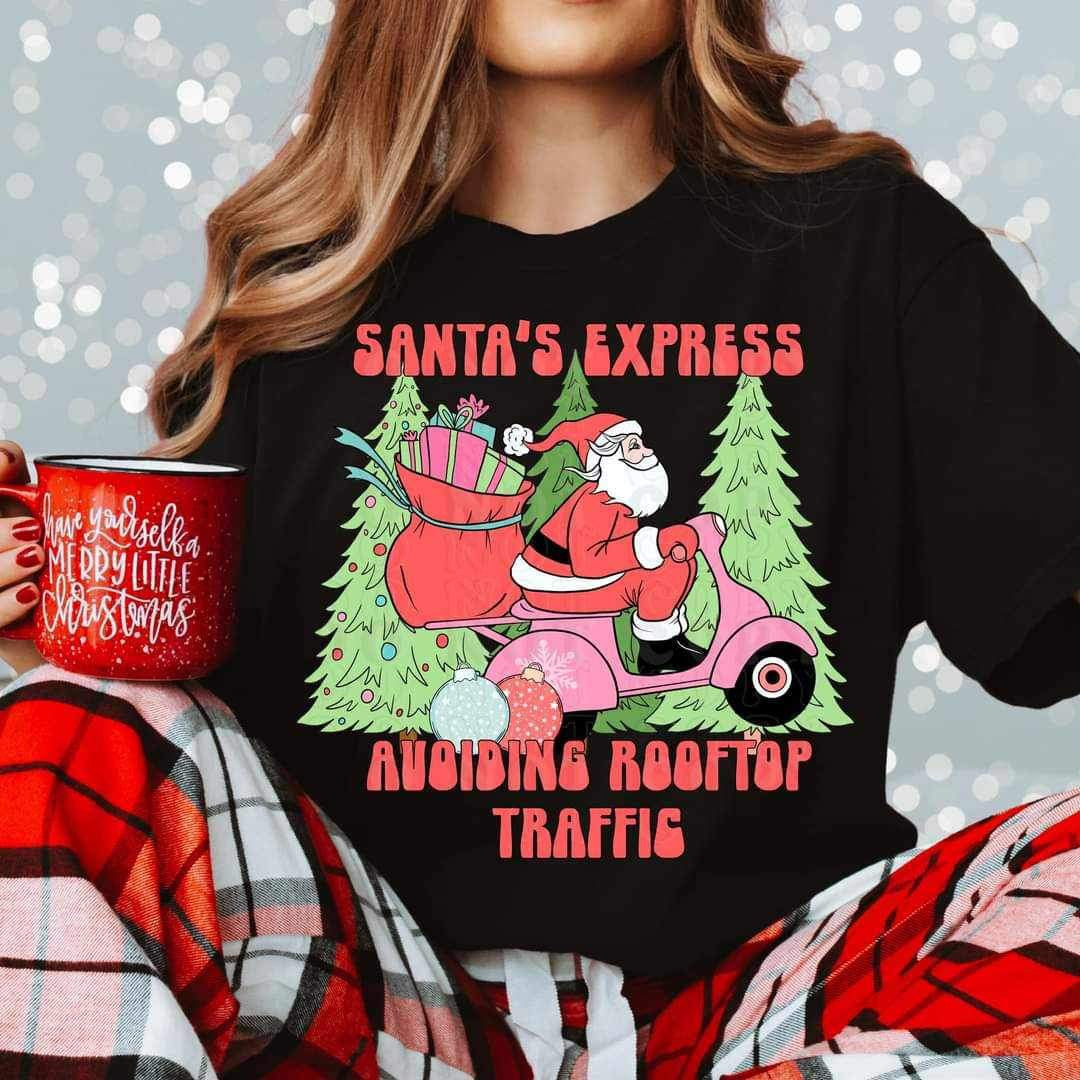 Santas express avoiding rooftop traffic (santa on pink scooter with sack and trees) VIRGO 16145 DTF Transfer