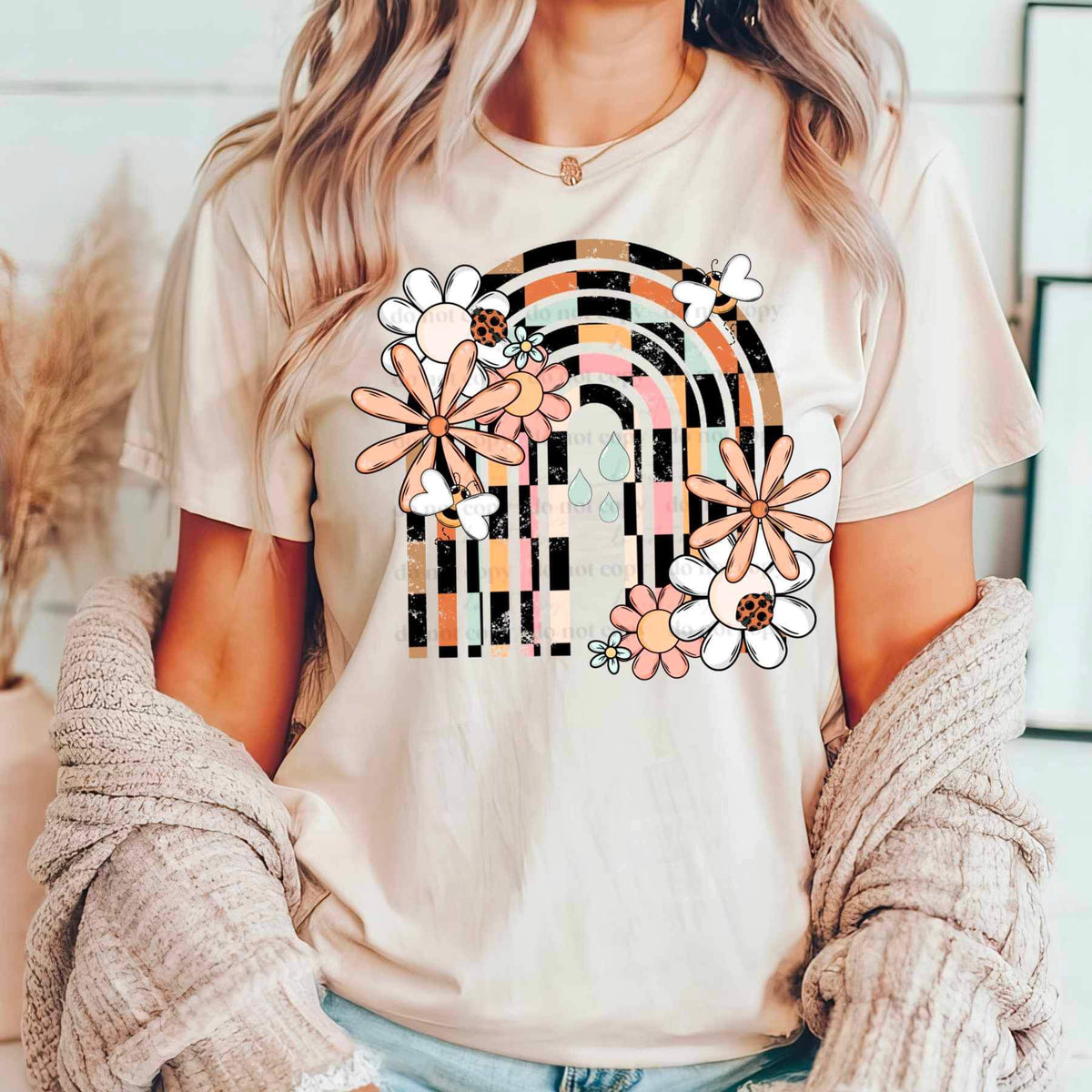 Checkered rainbow with flowers (CSC) 26064 DTF transfer