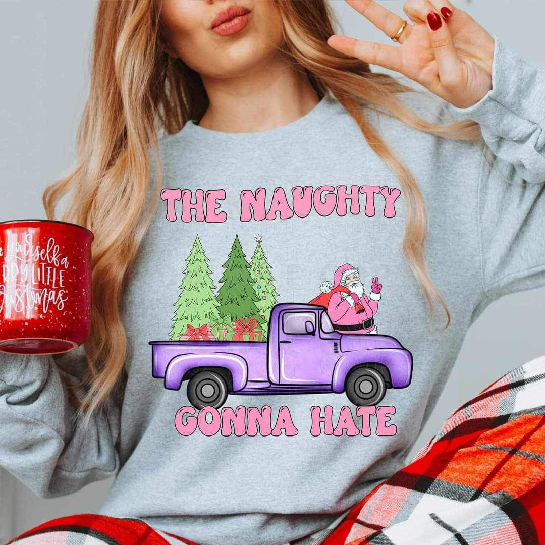 The naughty gonna hate (pink font with purple truck and santa) VIRGO 16144 DTF Transfer