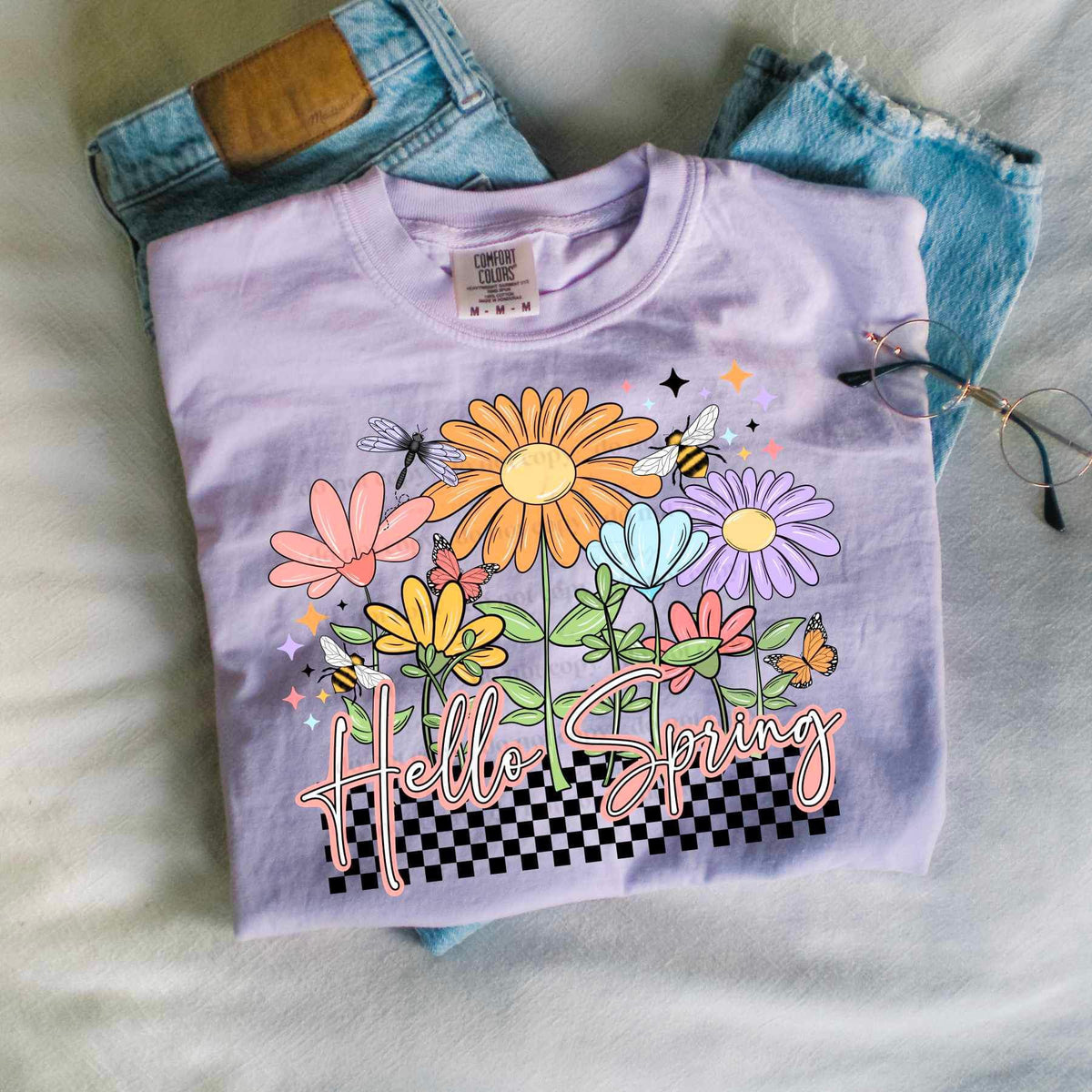 Hello spring Spring flowers and bees checkered print (CSC) 26057 DTF transfer