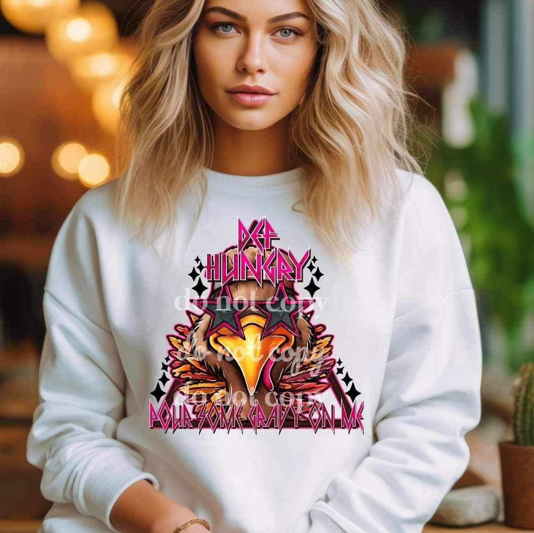 Def hungry pour some gravy on me (PURPLE FONT turkey in triangle) 16194 DTF Transfer