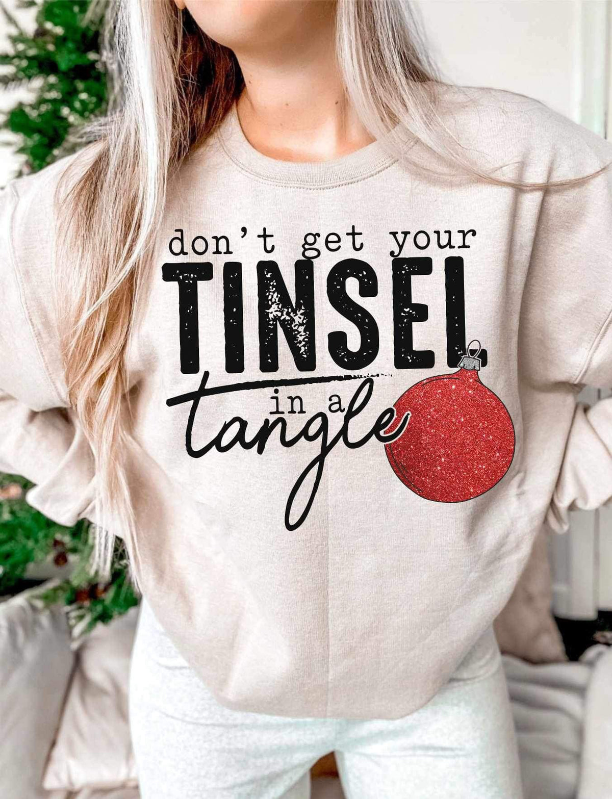 Don’t get your tinsel in a tangle (black font with red ornament) 16159 DTF Transfer