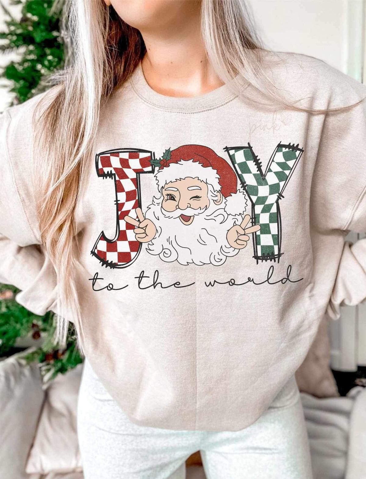 Joy to the world (red and green checkered font with santa) 16156 DTF Transfer