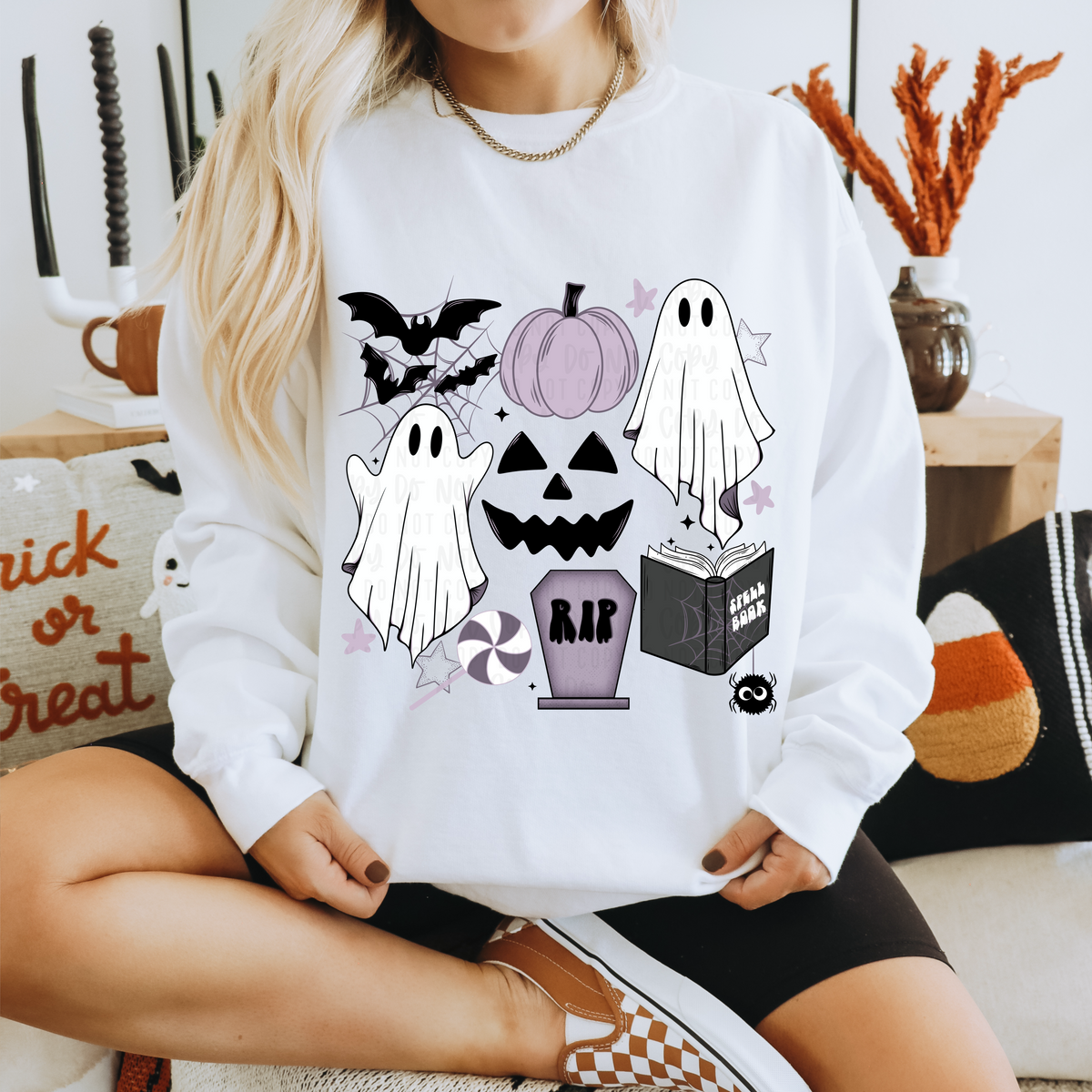 Ghost and purple pumpkin collage (woodlief) DTF transfer