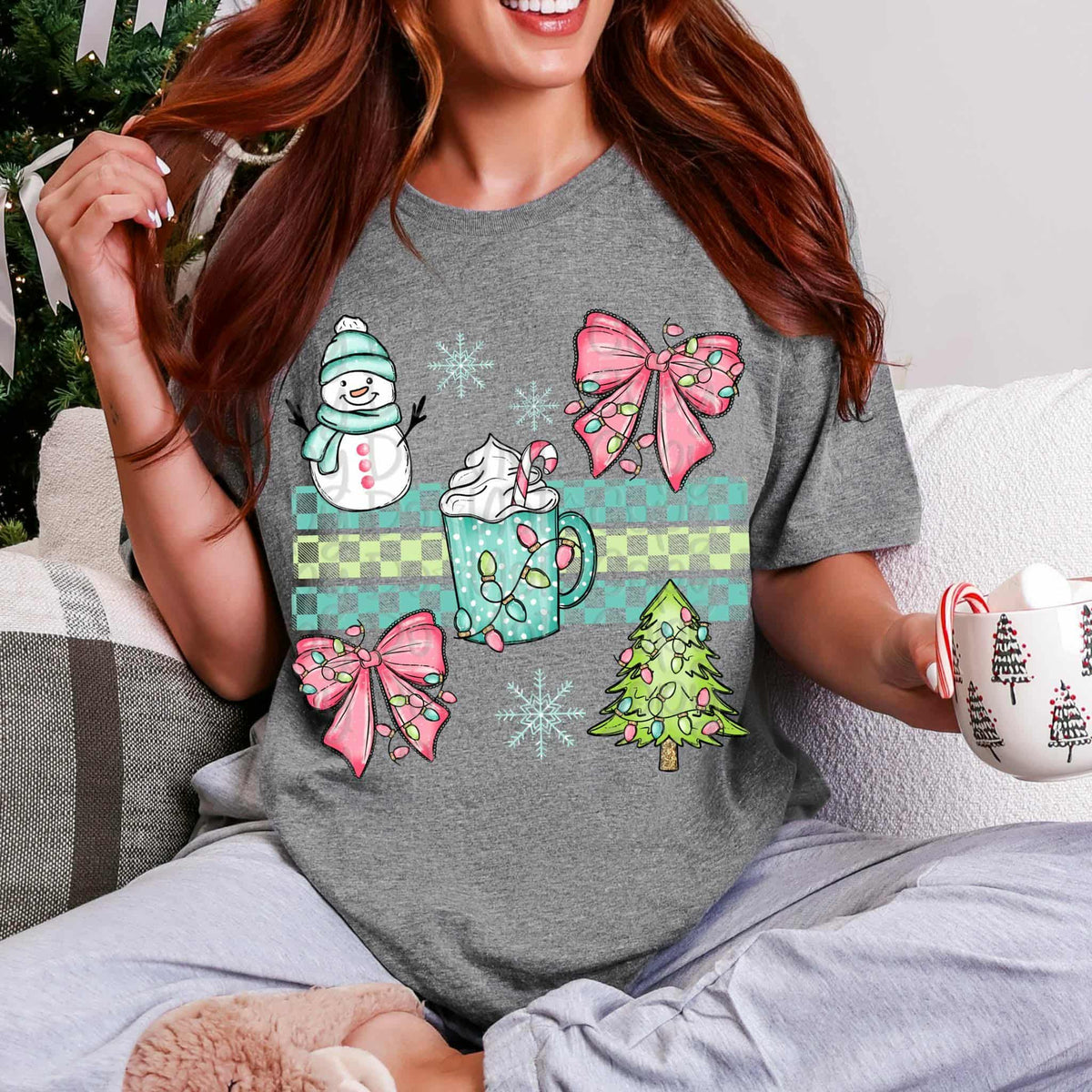 Green teal and pink Christmas with checker (virgo) DTF transfer