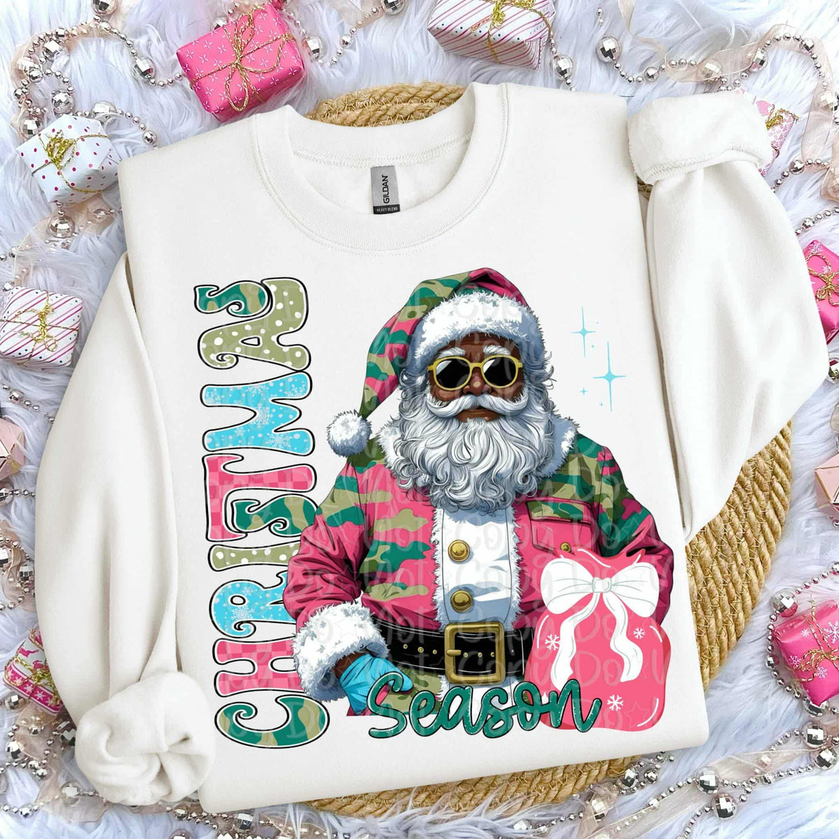 Christmas Season camo Santa darker skin tone (virgo) DTF transfer