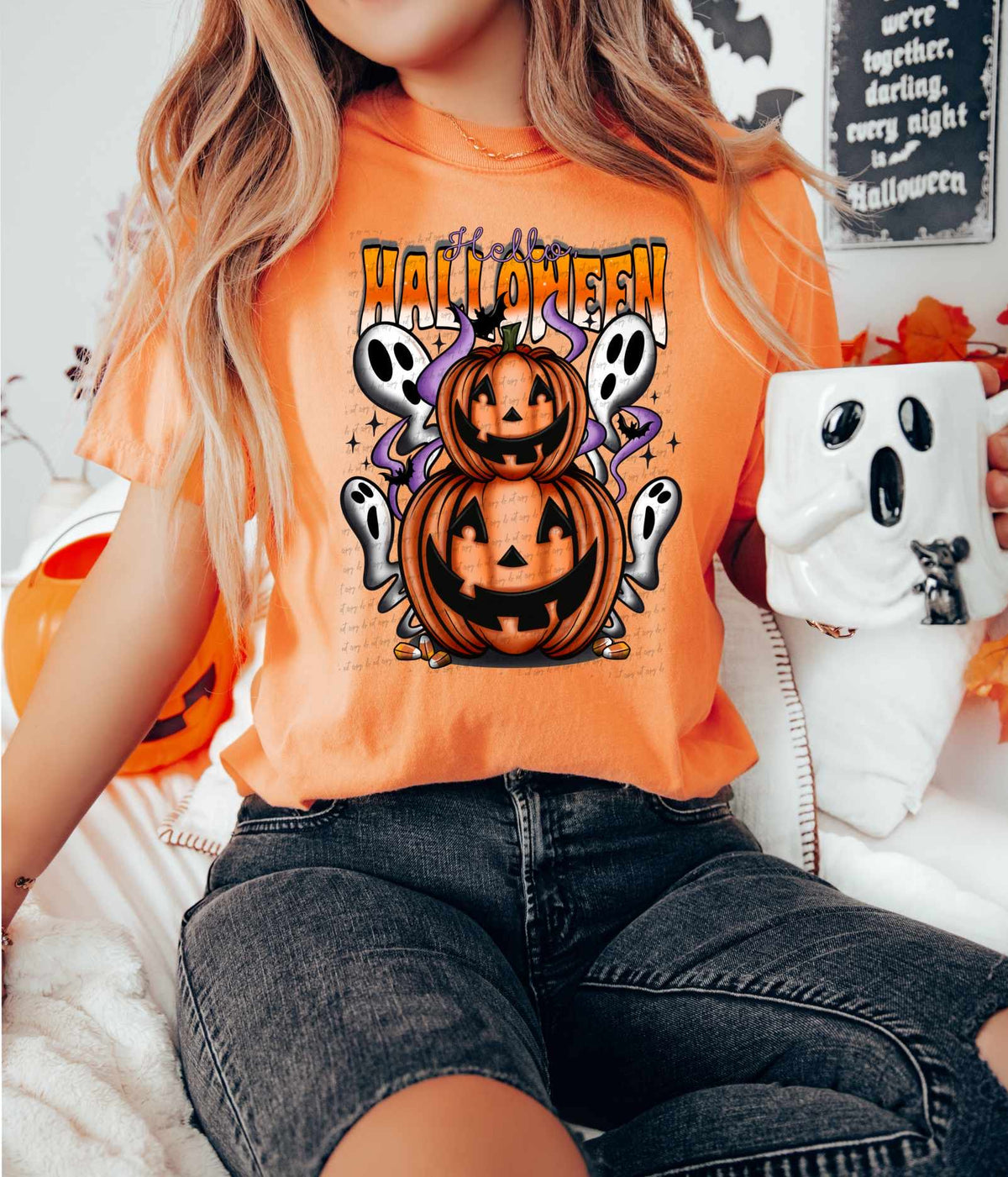 Hello Halloween stacked pumpkins and ghosts 36157 DTF transfer