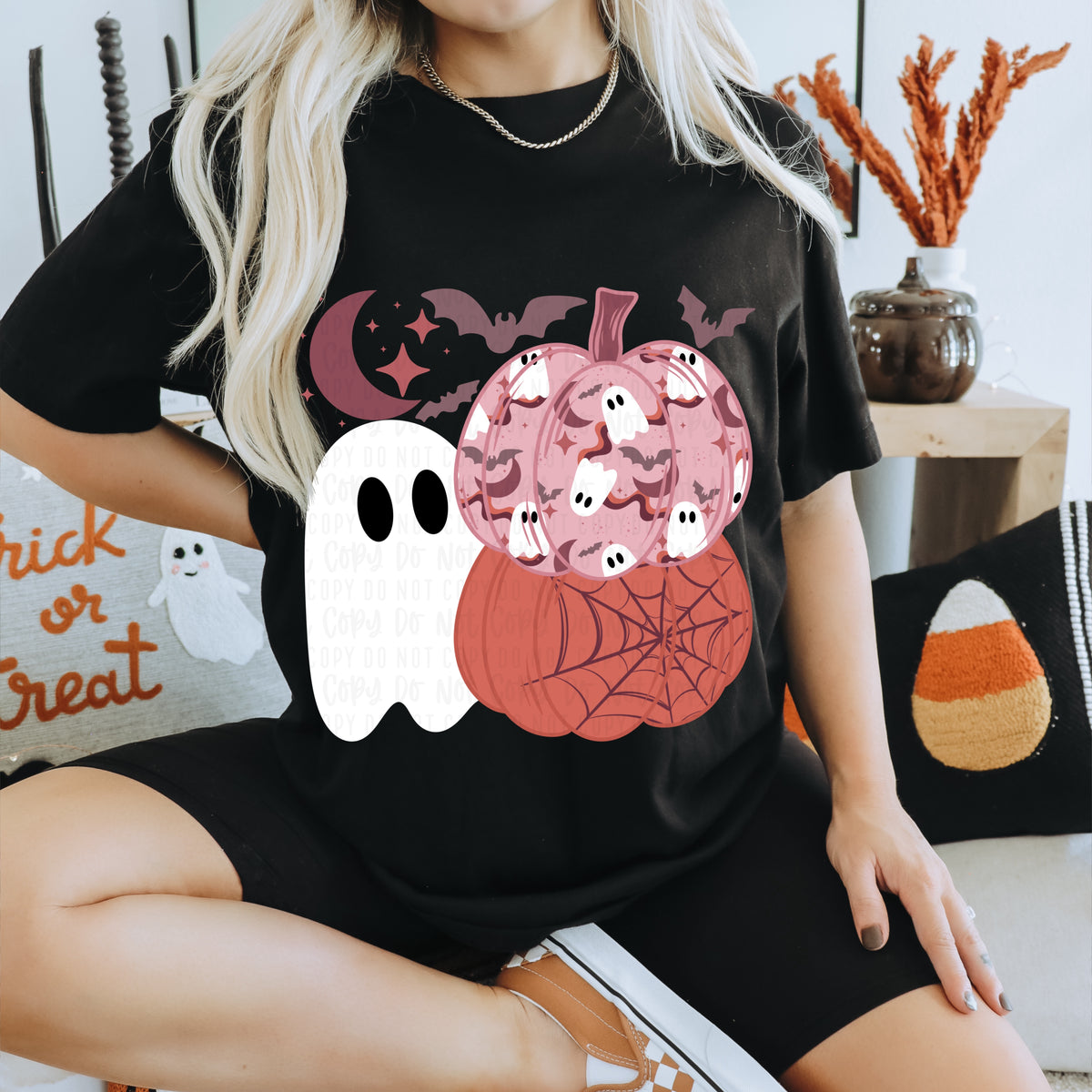 Cozy ghost stacked pumpkins (woodlief) DTF transfer