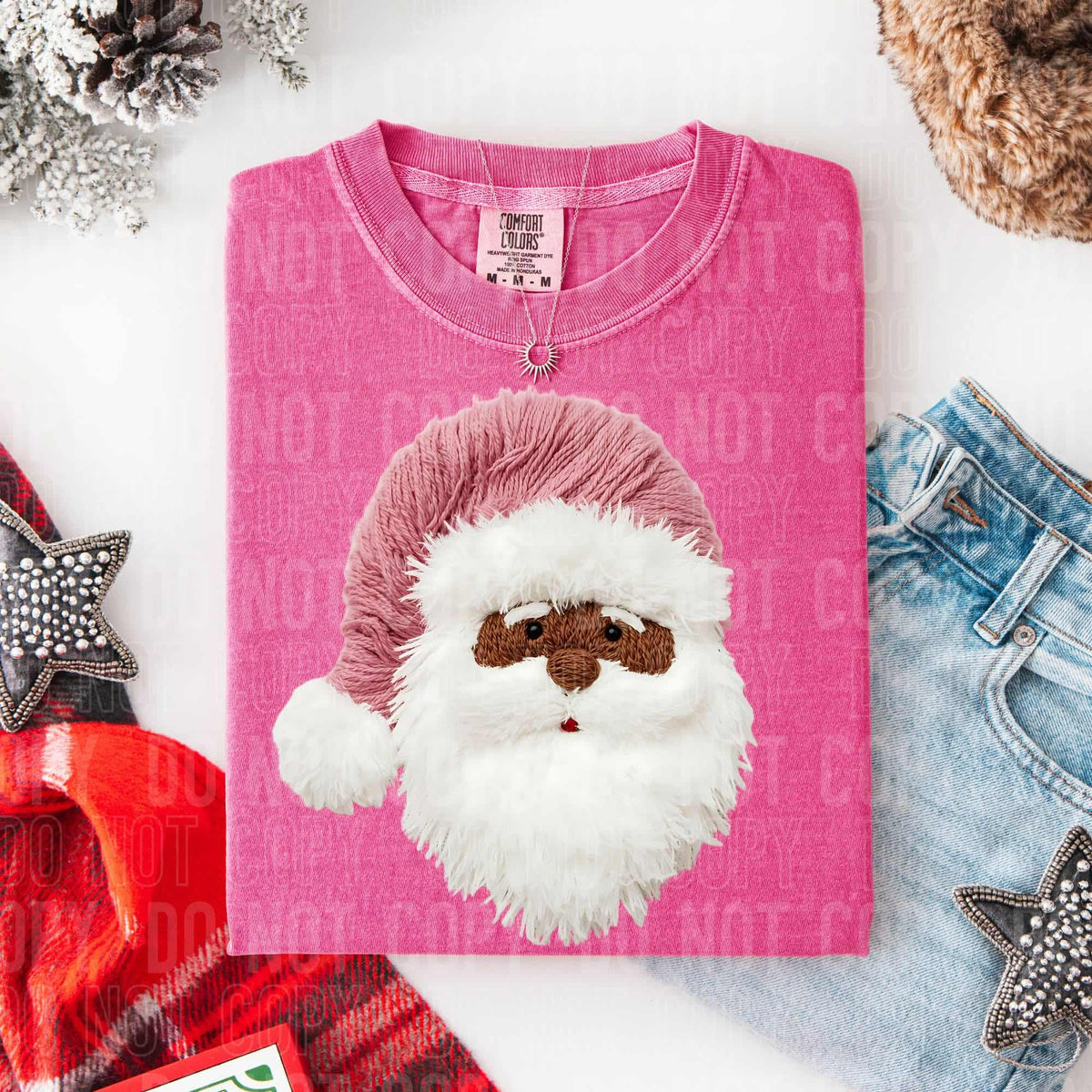 Faux Yarn Santa darker skin tone pink hat (SBB) DTF Transfer