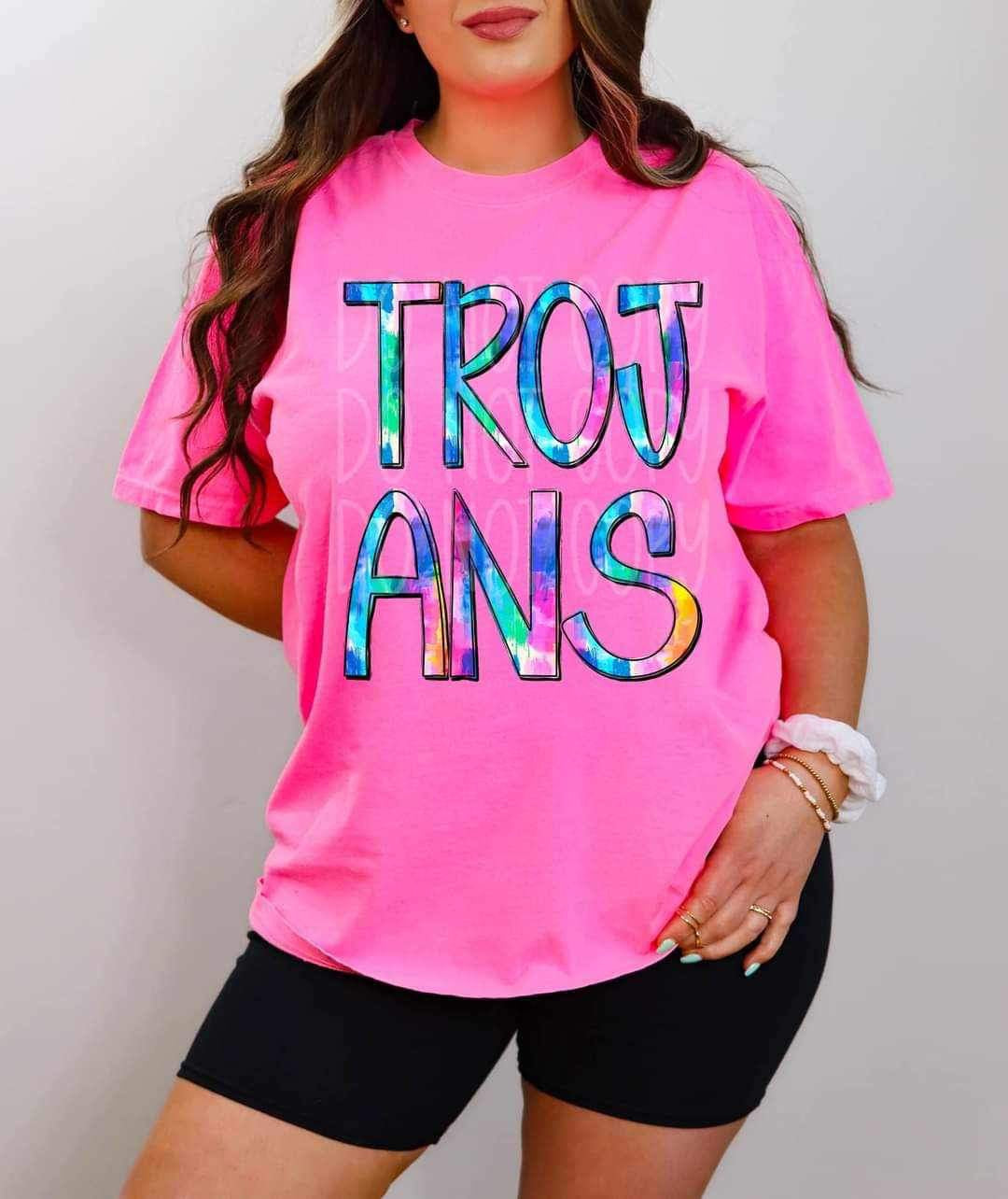 Trojans tie dye font 26164 DTF transfer