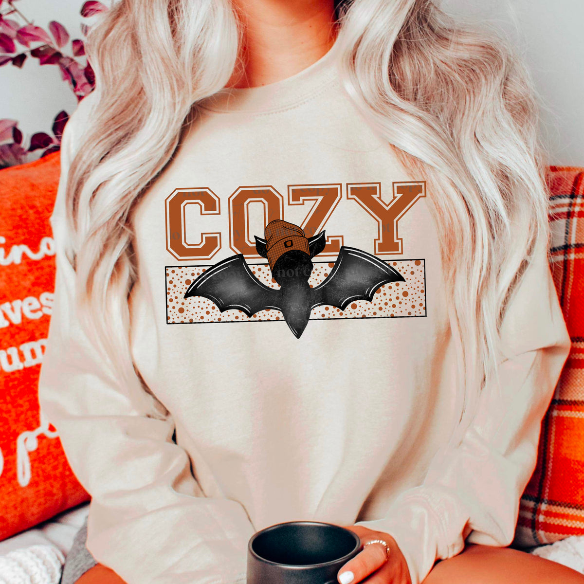 Cozy with bat in orange hat and polka dots 11214 DTF TRANSFER