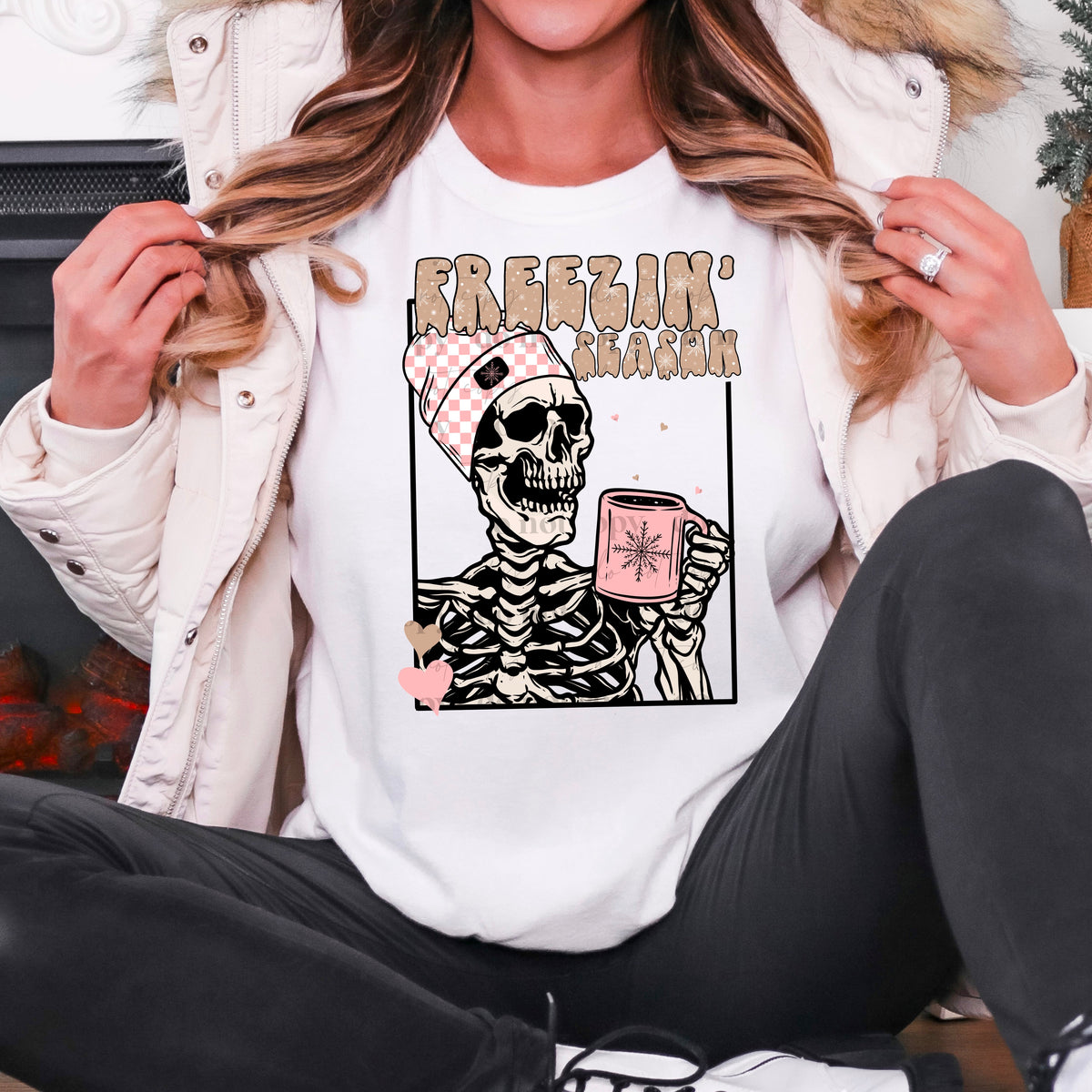 Freezin’ season skellie with mug and pink checkered beanie 11216 DTF TRANSFER