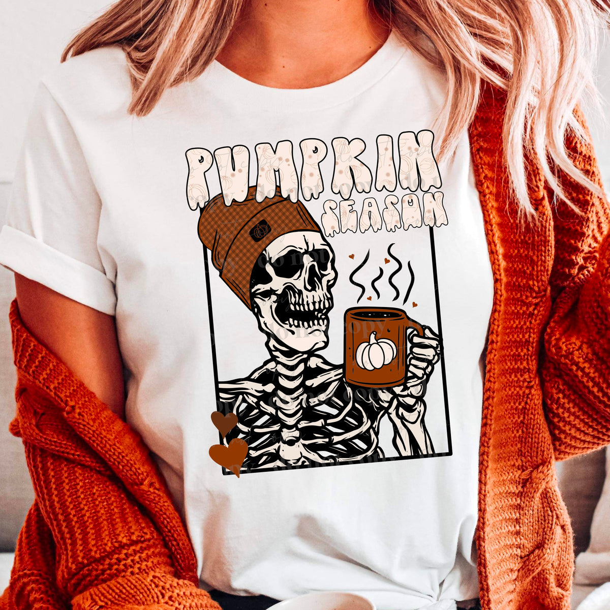 Pumpkin season skellie with mug and orange checkered beanie 11217 DTF TRANSFER
