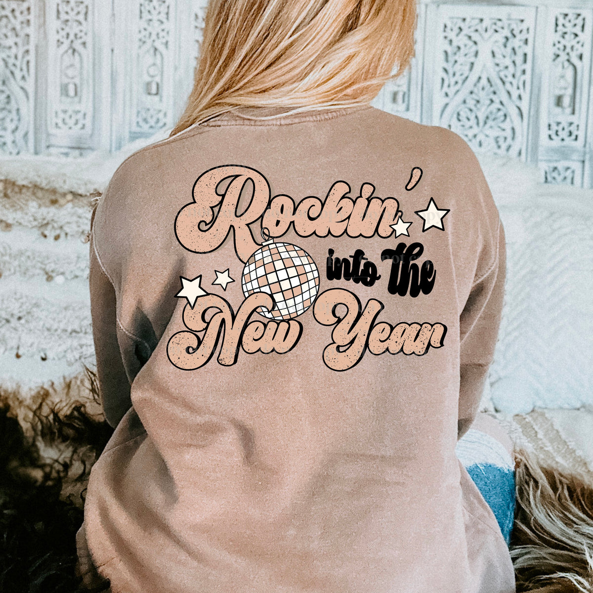 Rocking in the new year (tan wording with disco ball) 11218 DTF TRANSFER