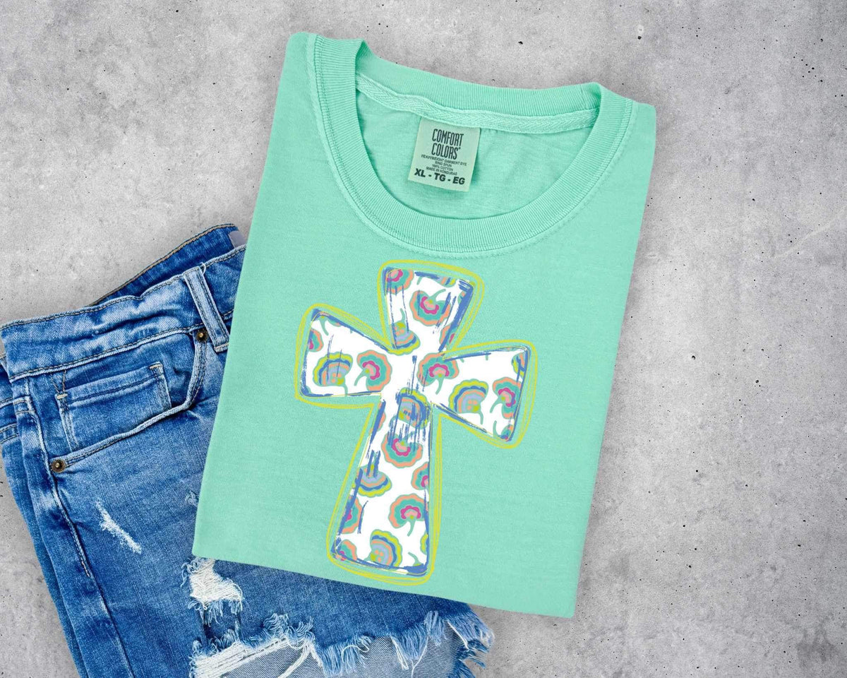 Floral cross green outline 26200 DTF transfer