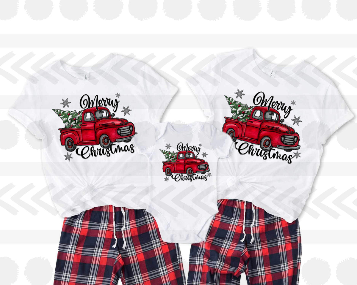 Merry Christmas vintage red truck with tree in back 14320 DTF Transfer