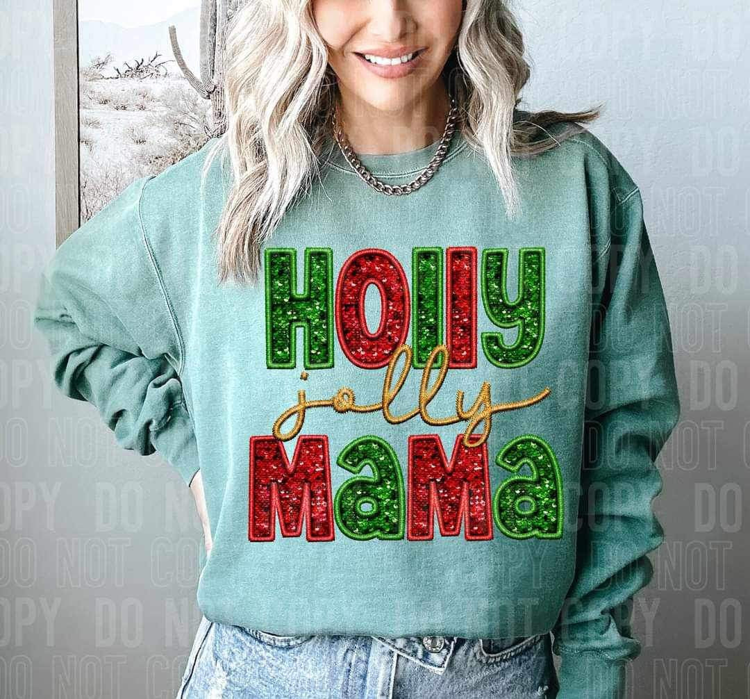 Holly jolly Mama red green sequin (SBB) 16403 DTF Transfer