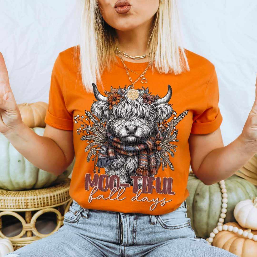 Moo-tiful fall days shaggy cow 36314 DTF transfer