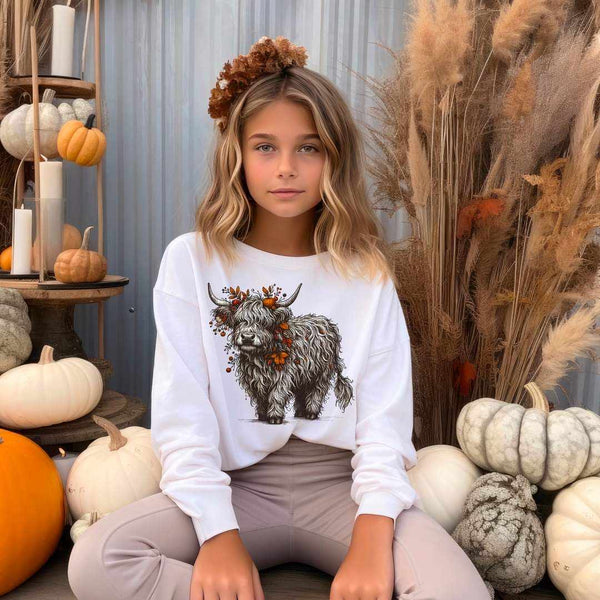 shaggy cow with fall leaves 36315 DTF transfer