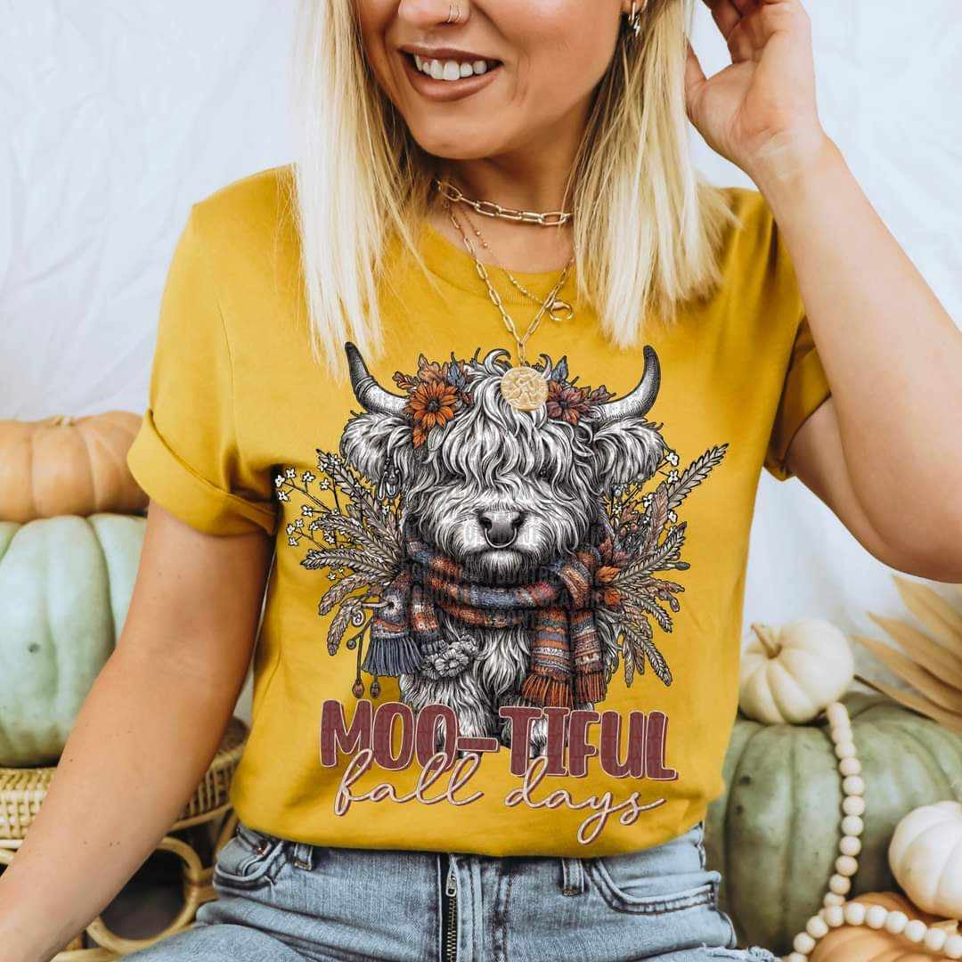 Moo-tiful fall days shaggy cow 36314 DTF transfer