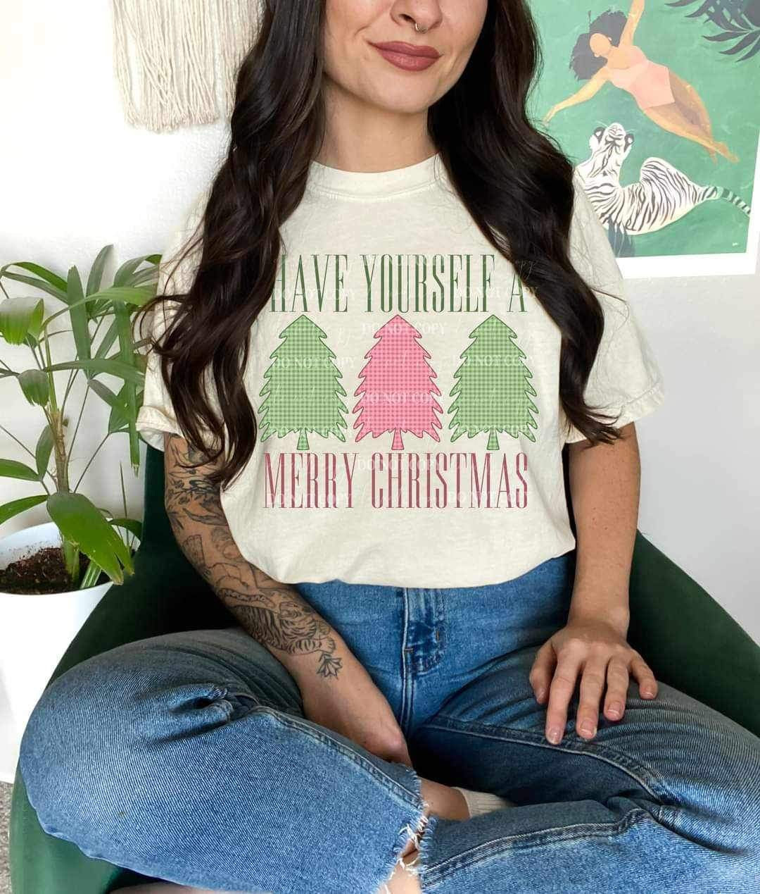 Have yourself a merry Christmas green and pink font and trees (LYTTLE) 16438 DTF Transfer