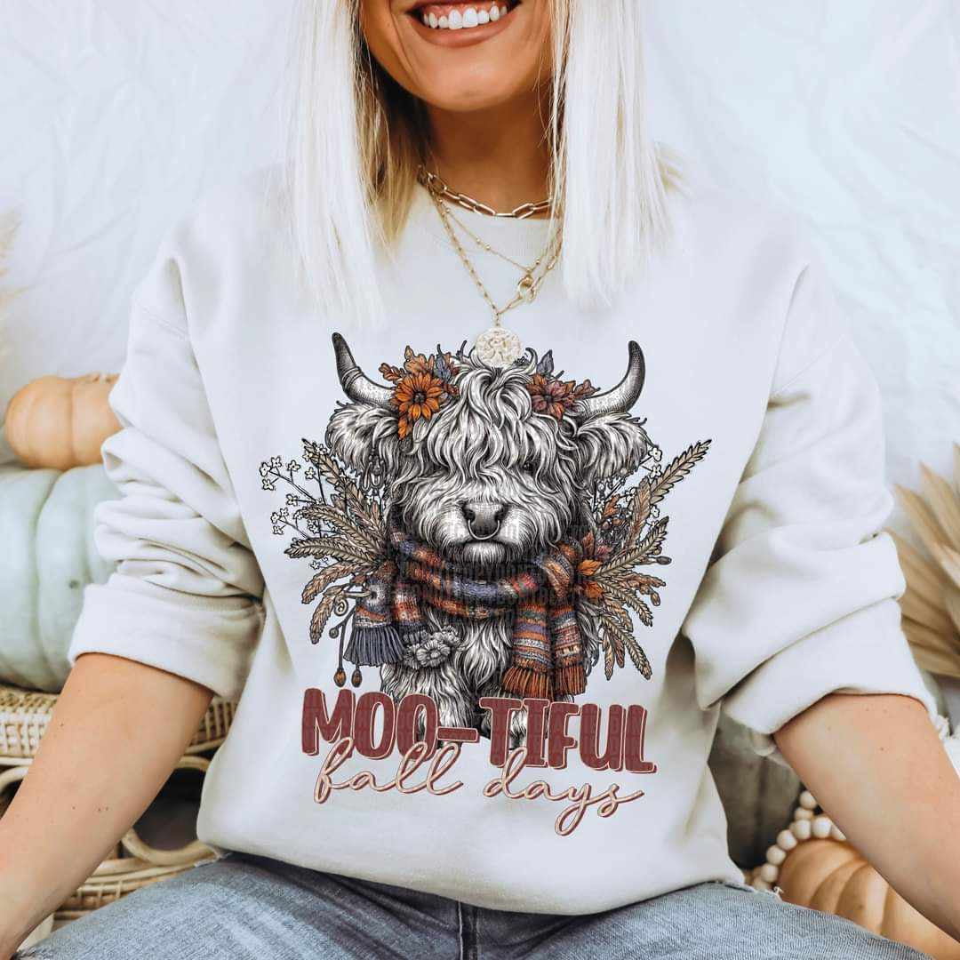 Moo-tiful fall days shaggy cow 36314 DTF transfer