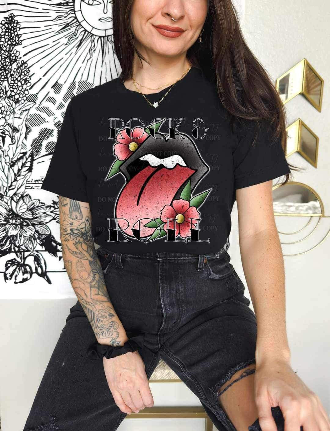 Rock & roll black lips with tongue and flowers (LYTTLE) 16420 DTF Transfer