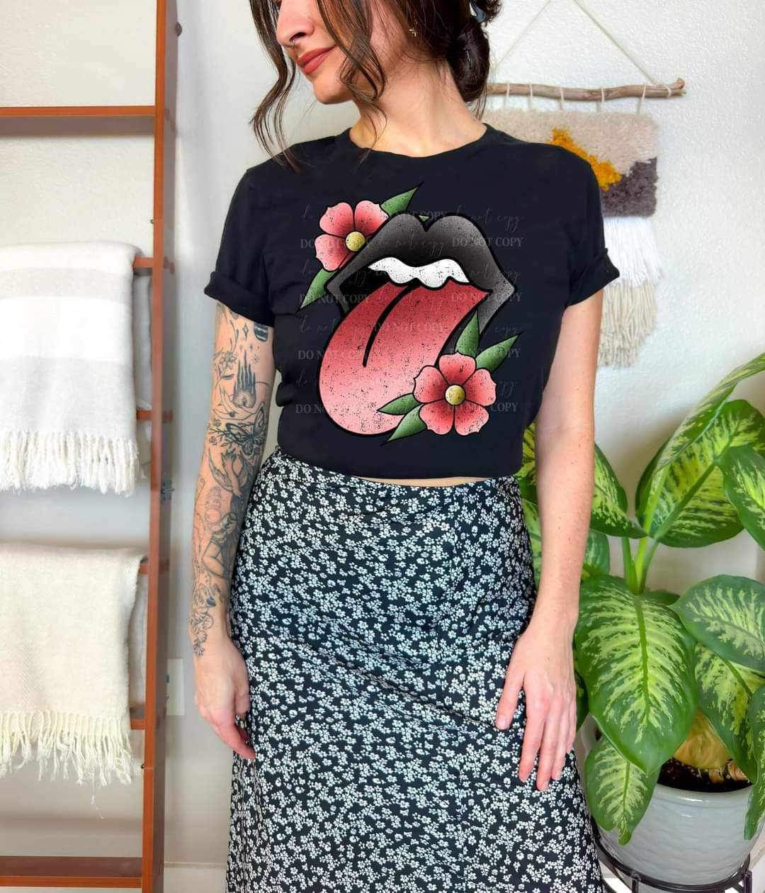 Black lips with tongue and flowers (LYTTLE) 16419 DTF Transfer