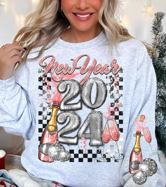 New years 2024 (pink font, champagne, checkered print) FRONT 16466 DTF Transfer