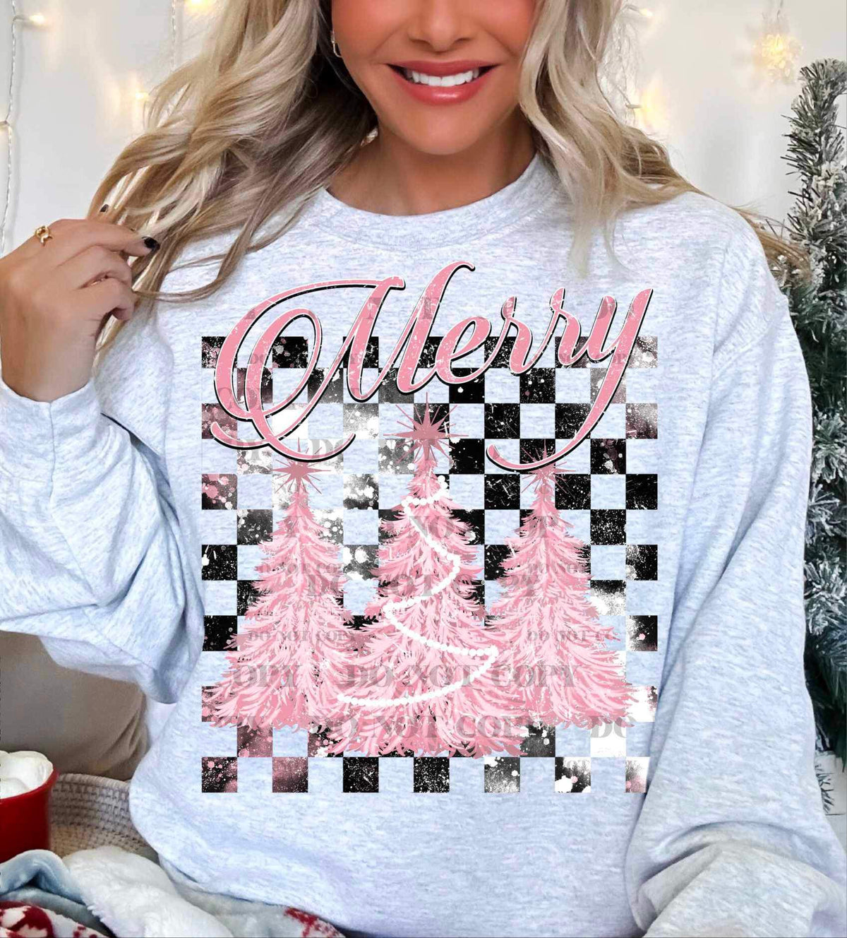 Merry (pink font and trees with checkered print) 16462 DTF Transfer