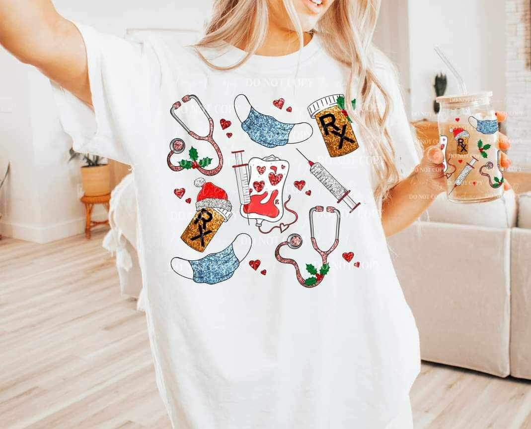 Sequin nurse items with RED hearts and iv liquid MMD 16505 DTF Transfer