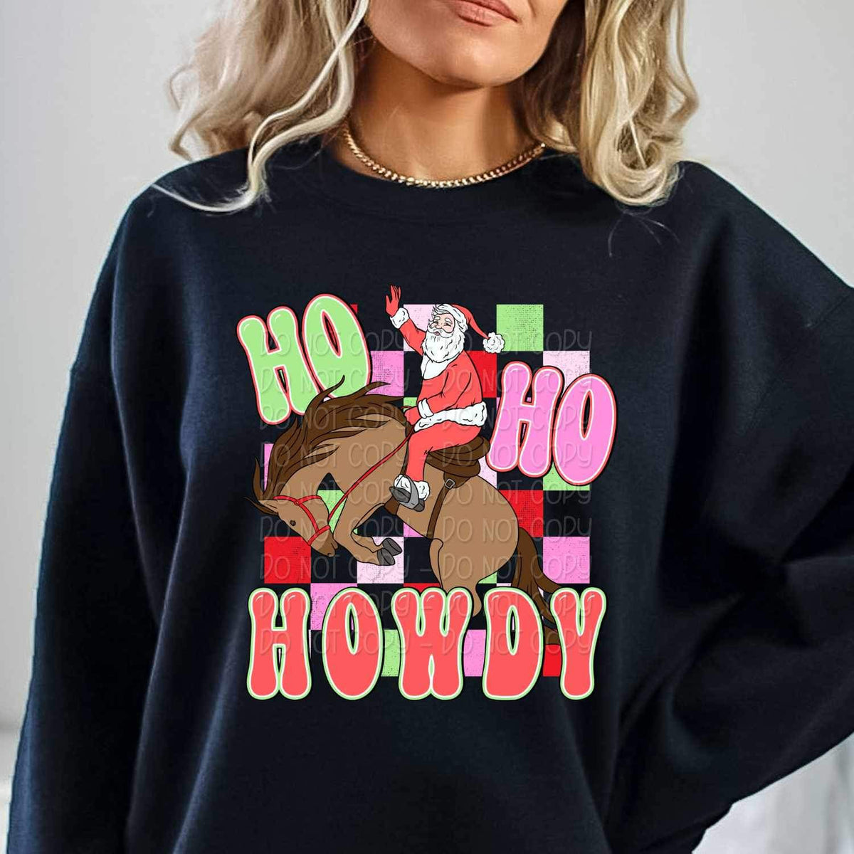 Ho ho howdy (santa on horse with red pink green checkered print) 16490 DTF Transfer