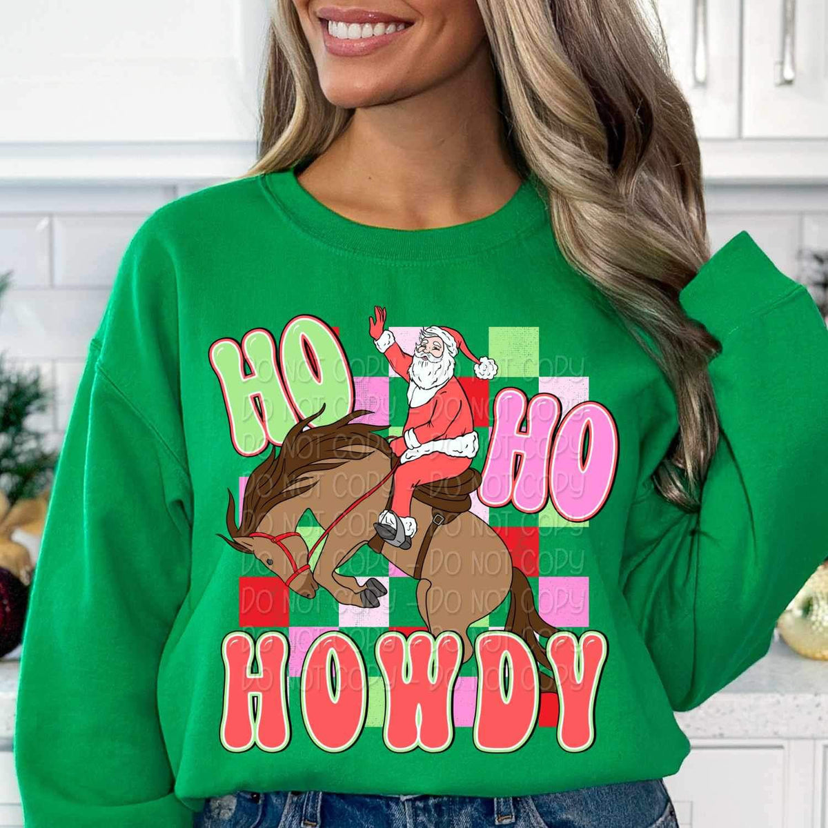 Ho ho howdy (santa on horse with red pink green checkered print) 16490 DTF Transfer