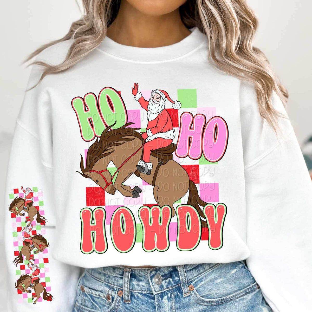 santa on horse with red pink green checkered print SLEEVE 16491 DTF Transfer