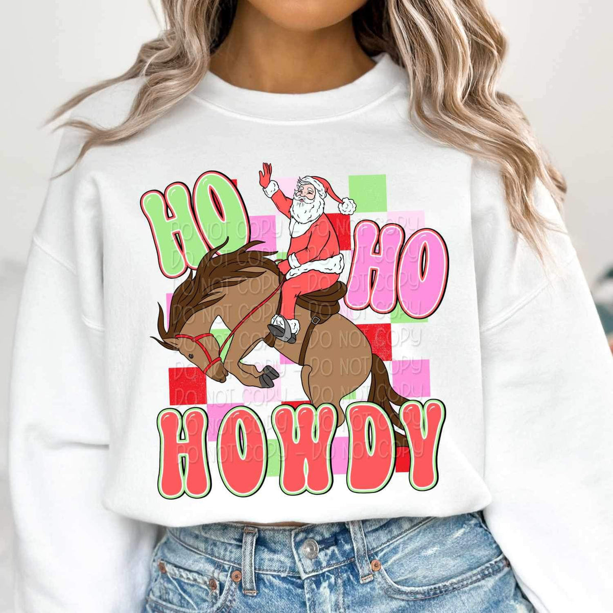 Ho ho howdy (santa on horse with red pink green checkered print) 16490 DTF Transfer