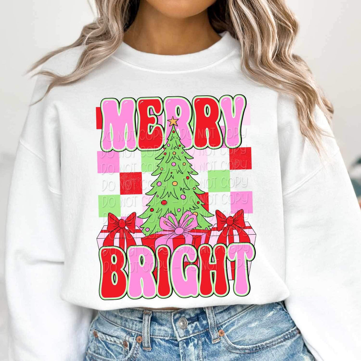 Merry bright (tree with red and pink checkered font) 16488 DTF Transfer
