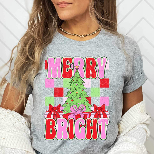 Merry bright (tree with red and pink checkered font) 16488 DTF Transfer