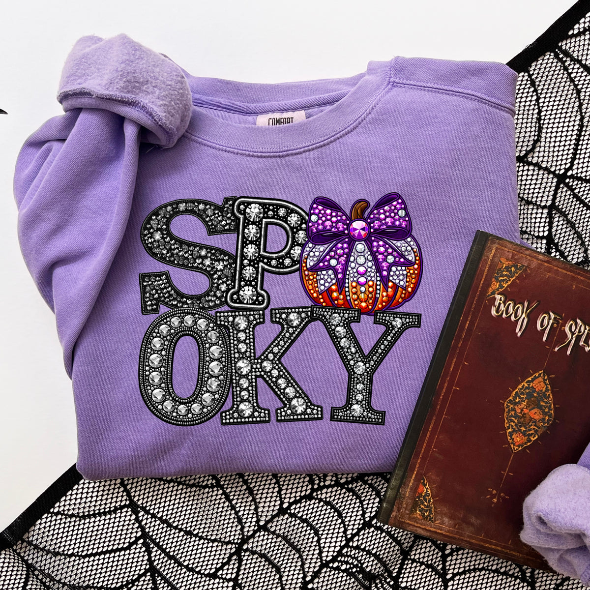 Spooky pumpkin purple bow rhinestones ABD 45668 DTF transfer