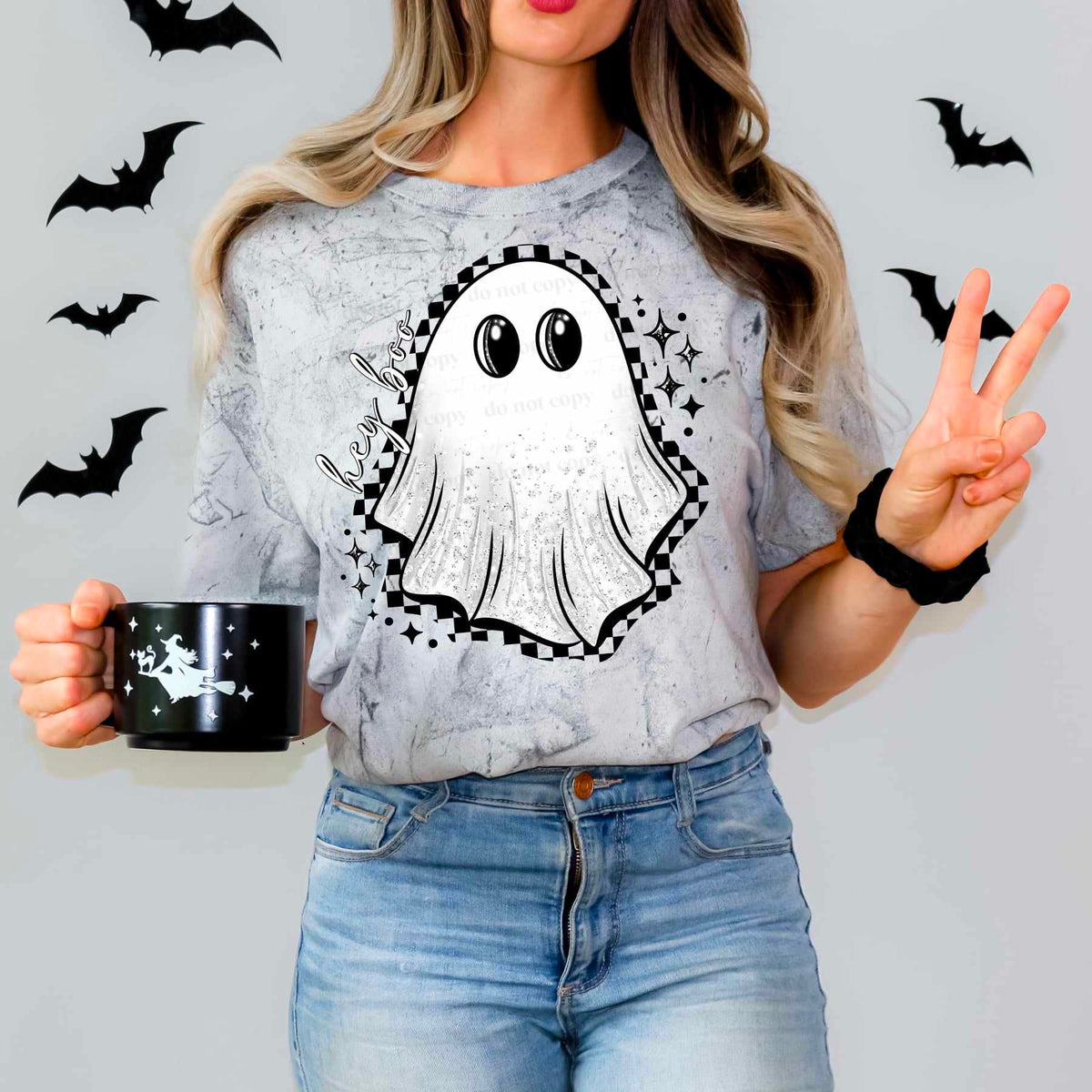 Hey boo ghost with checkered outline GLITTER (CSC) 55930 DTF transfer