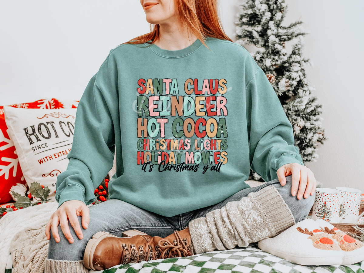 Santa Claus, reindeer hot cocoa Christmas lights holiday movies it’s Christmas y’all GRUNGE 14658 DTF transfer