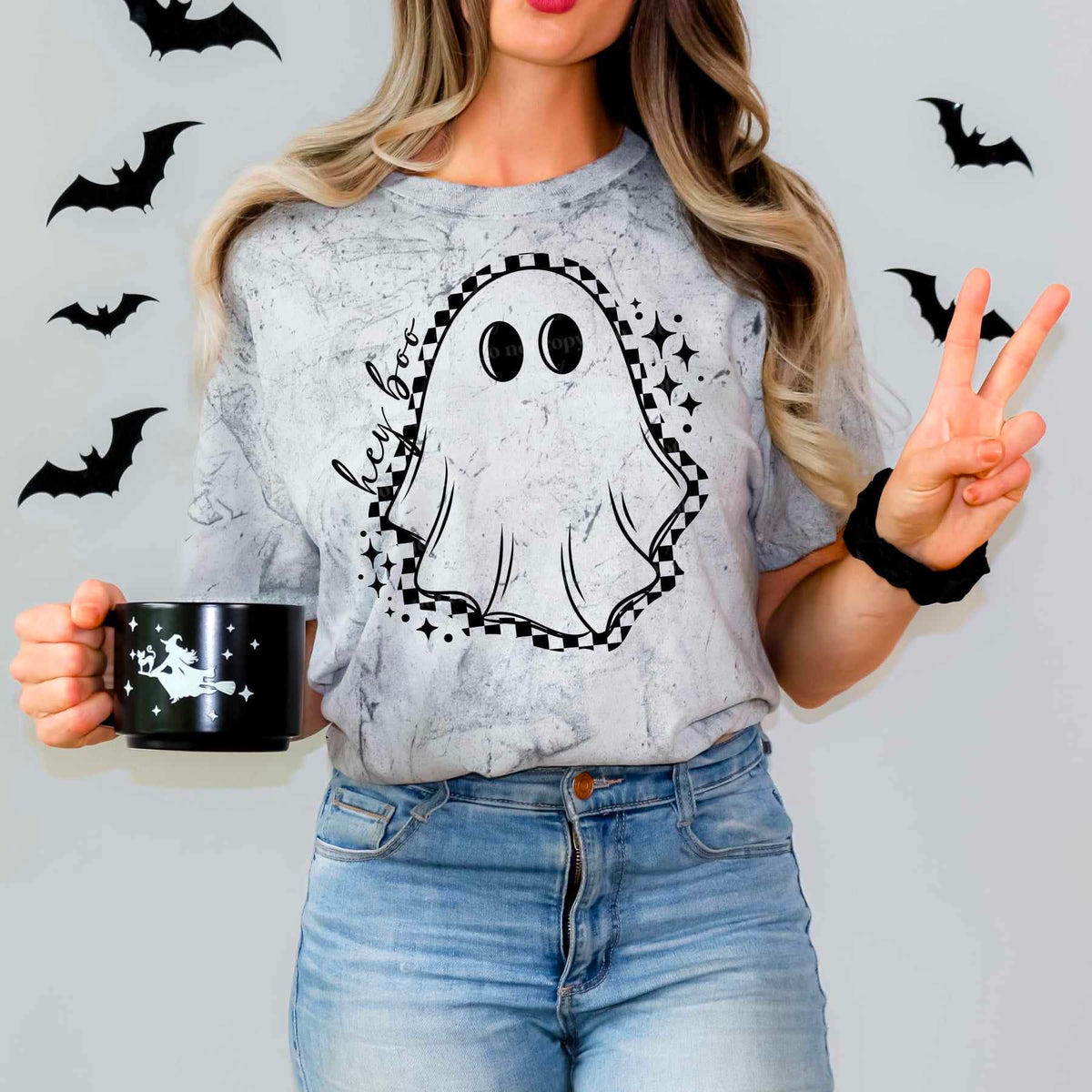 Hey boo ghost with checkered outline (CSC) 55929 DTF transfer
