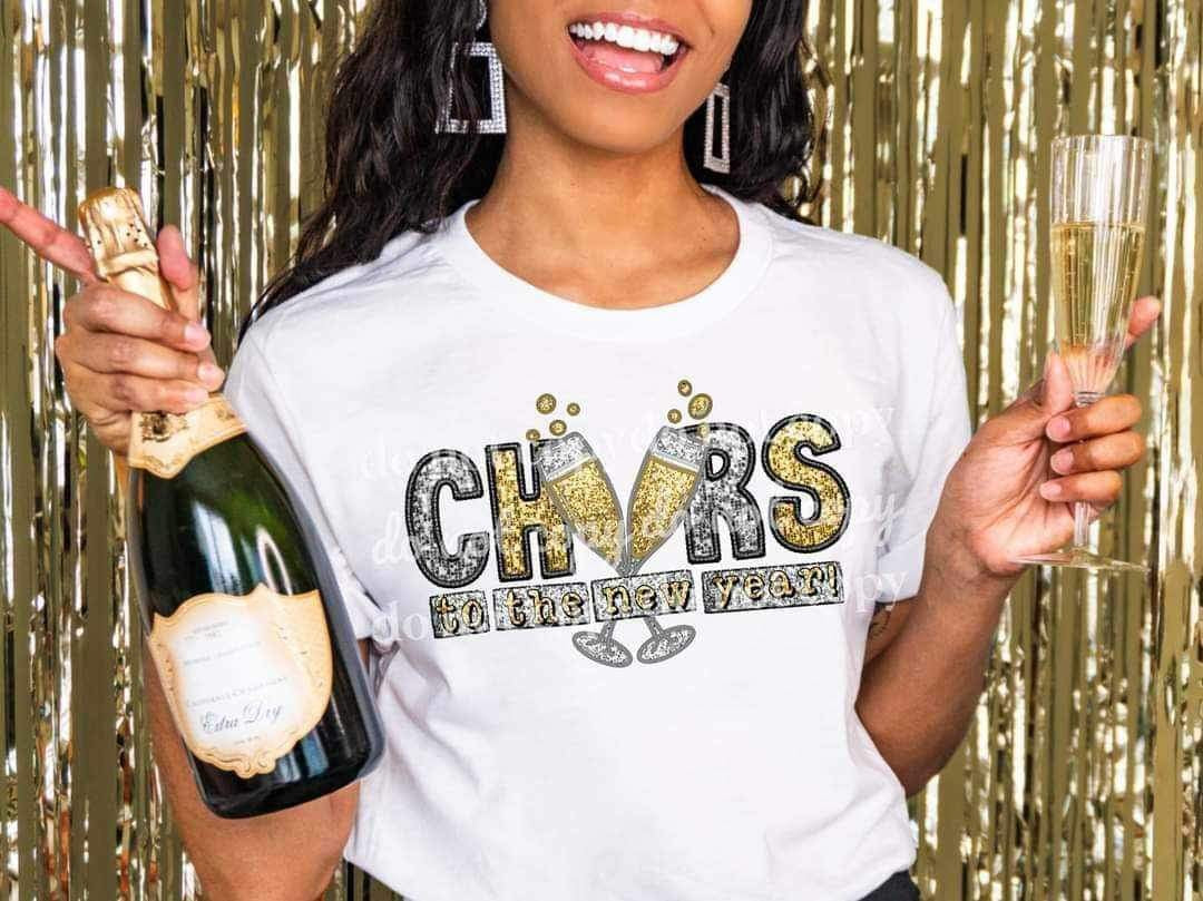 Cheers to the new year (sequin with champagne glasses) 16737 DTF Transfer