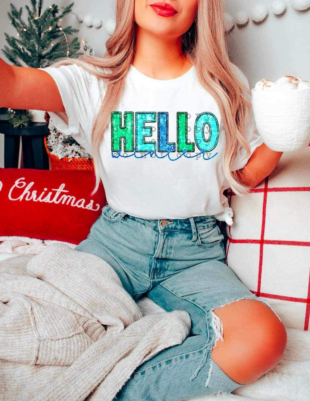 Hello winter (blue and green sequin) 16723 DTF Transfer