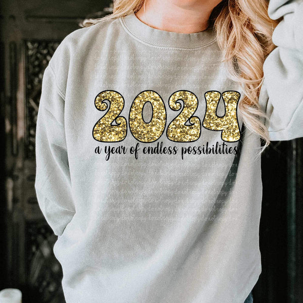 2024 a year of endless possibilities (gold FAUX sequin) 16722 DTF Transfer