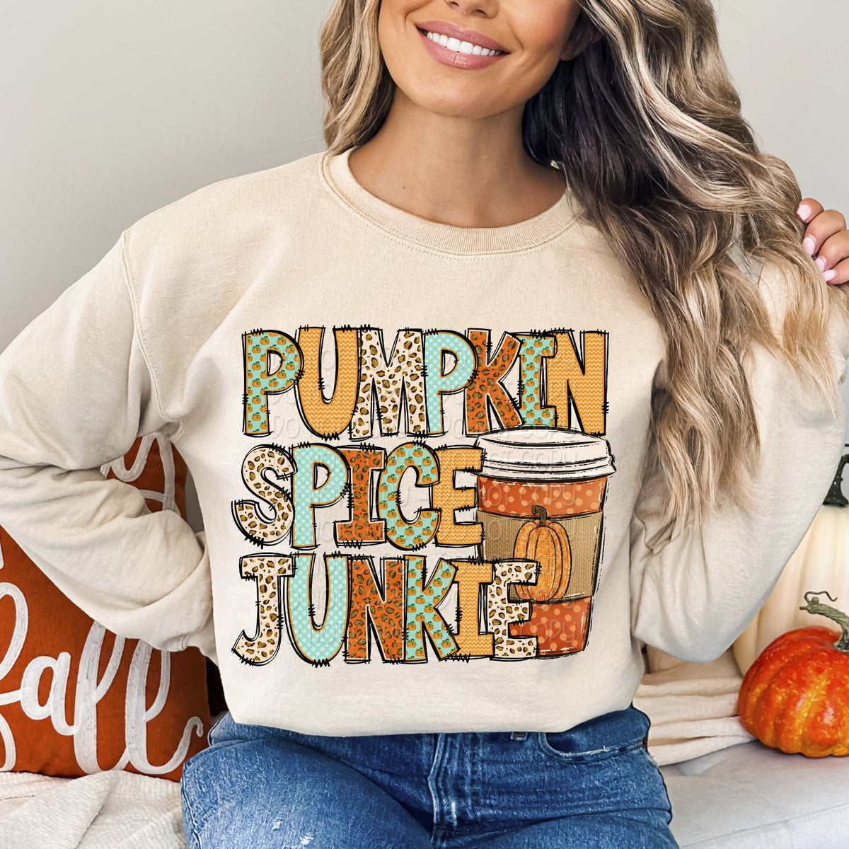 Pumpkin spice junkie fall patterned 36394 DTF transfer