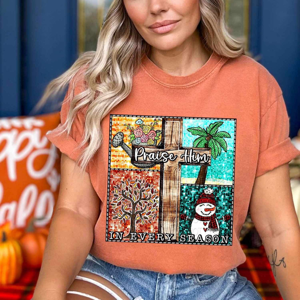 Praise himin every season (cross, water can, snowman, tree) 16699 DTF Transfer