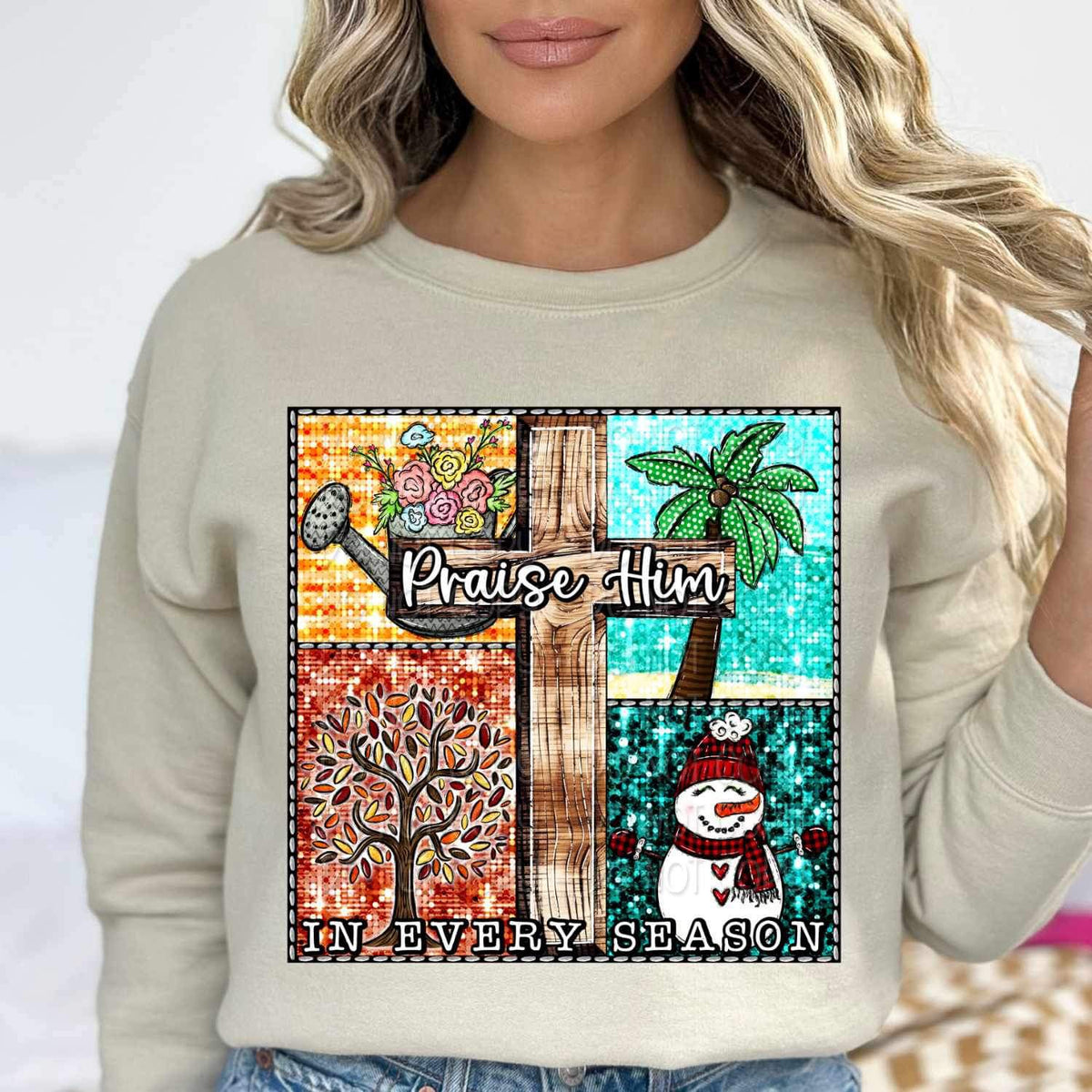 Praise himin every season (cross, water can, snowman, tree) 16699 DTF Transfer